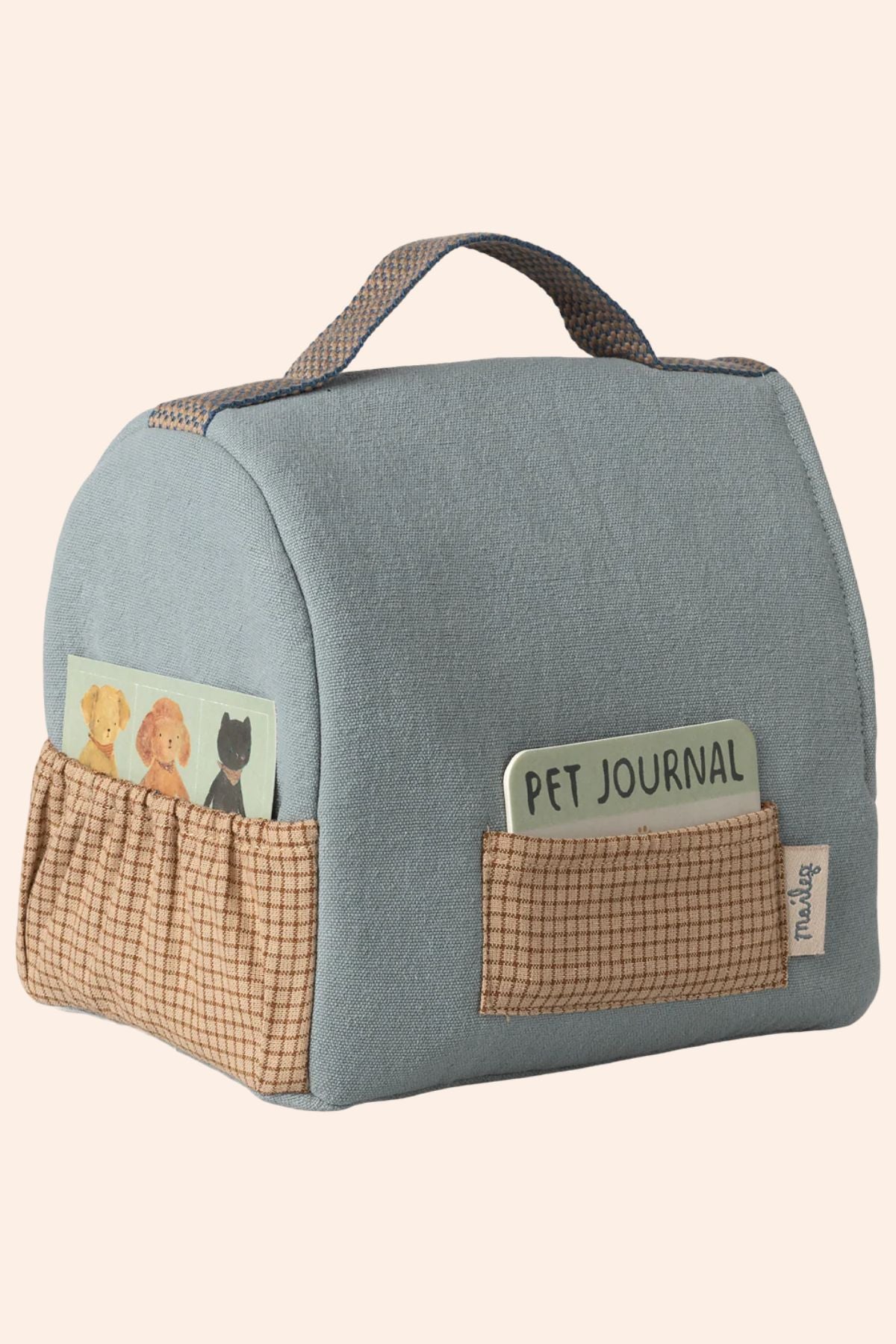Blue bag with pockets and a pet journal on a beige background