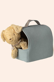 Teddy bear peeking out from a teal bag on a beige background