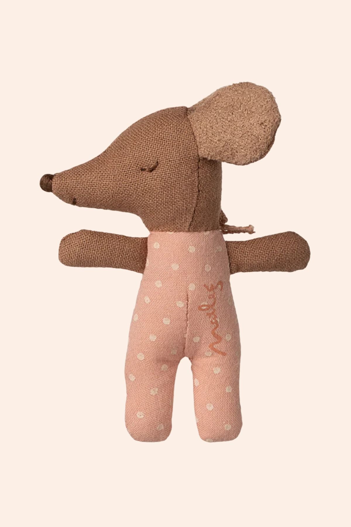  Wakey Baby Mouse in Matchbox - Rose - Strawberries & Cream - Ingrid Lewis - Designer 
Stuffed mouse toy with a pink body and brown head.
