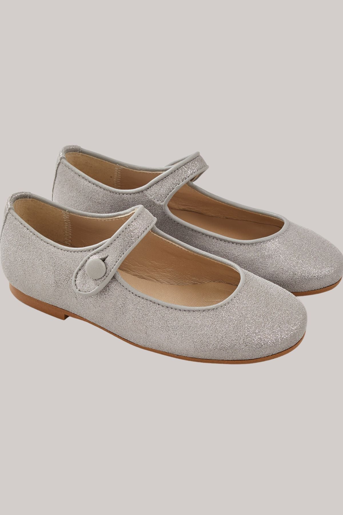 Mary Jane - Silver Leather - Strawberries & Cream - Ingrid Lewis - Designer Pair of silver glittery shoes with a strap.