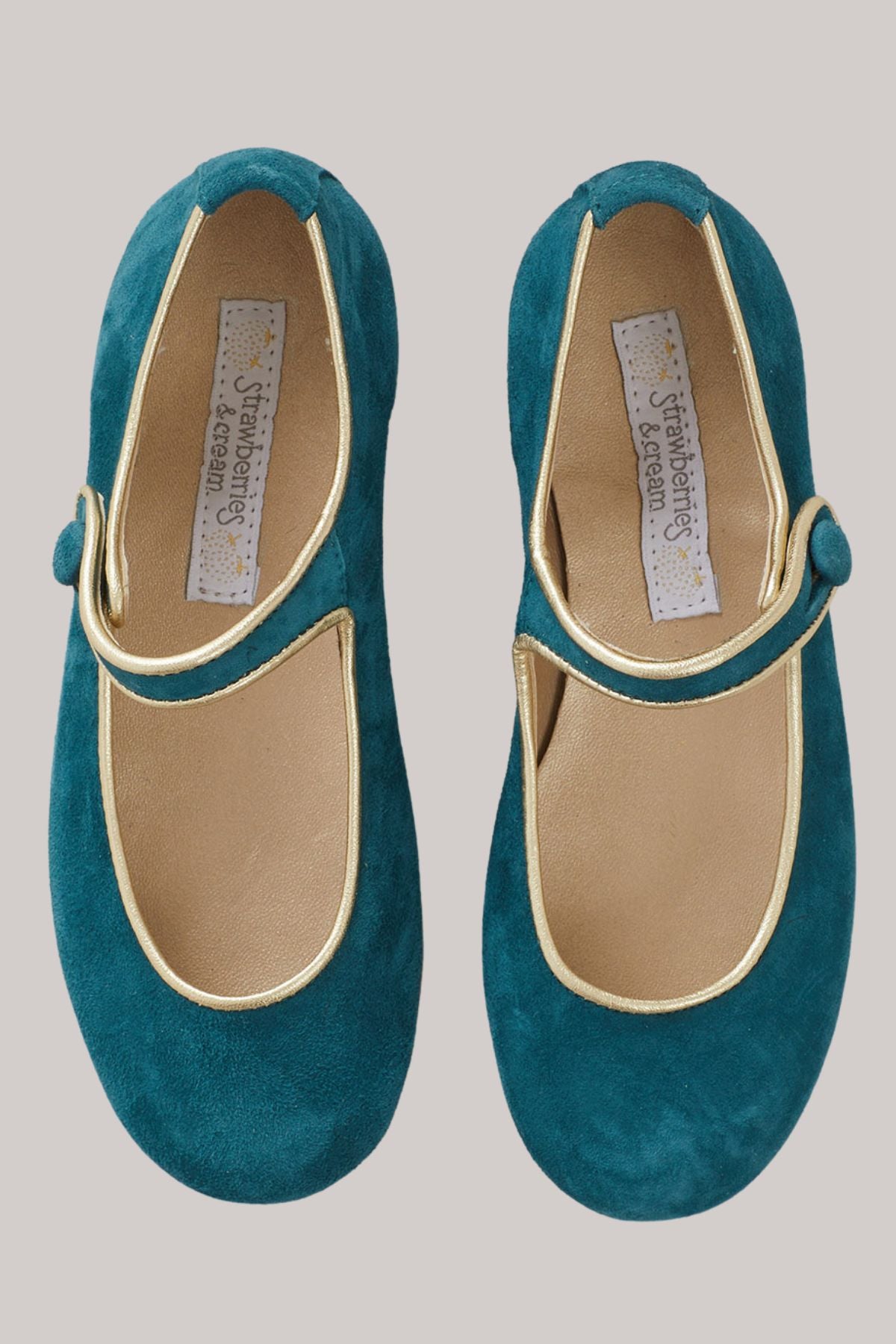 Mary Jane - Suede Aqua - Strawberries & Cream - Ingrid Lewis - Designer Pair of teal shoes with a strap.