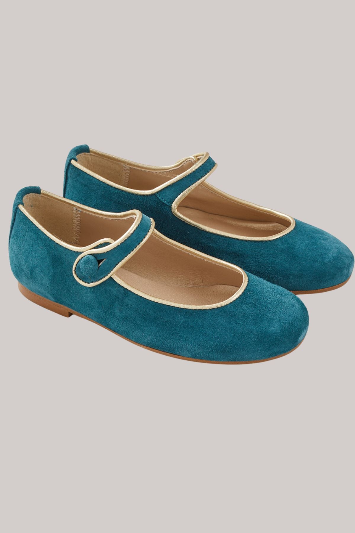Mary Jane - Suede Aqua - Strawberries & Cream - Ingrid Lewis - Designer Pair of teal suede shoes with a gold buckle. 