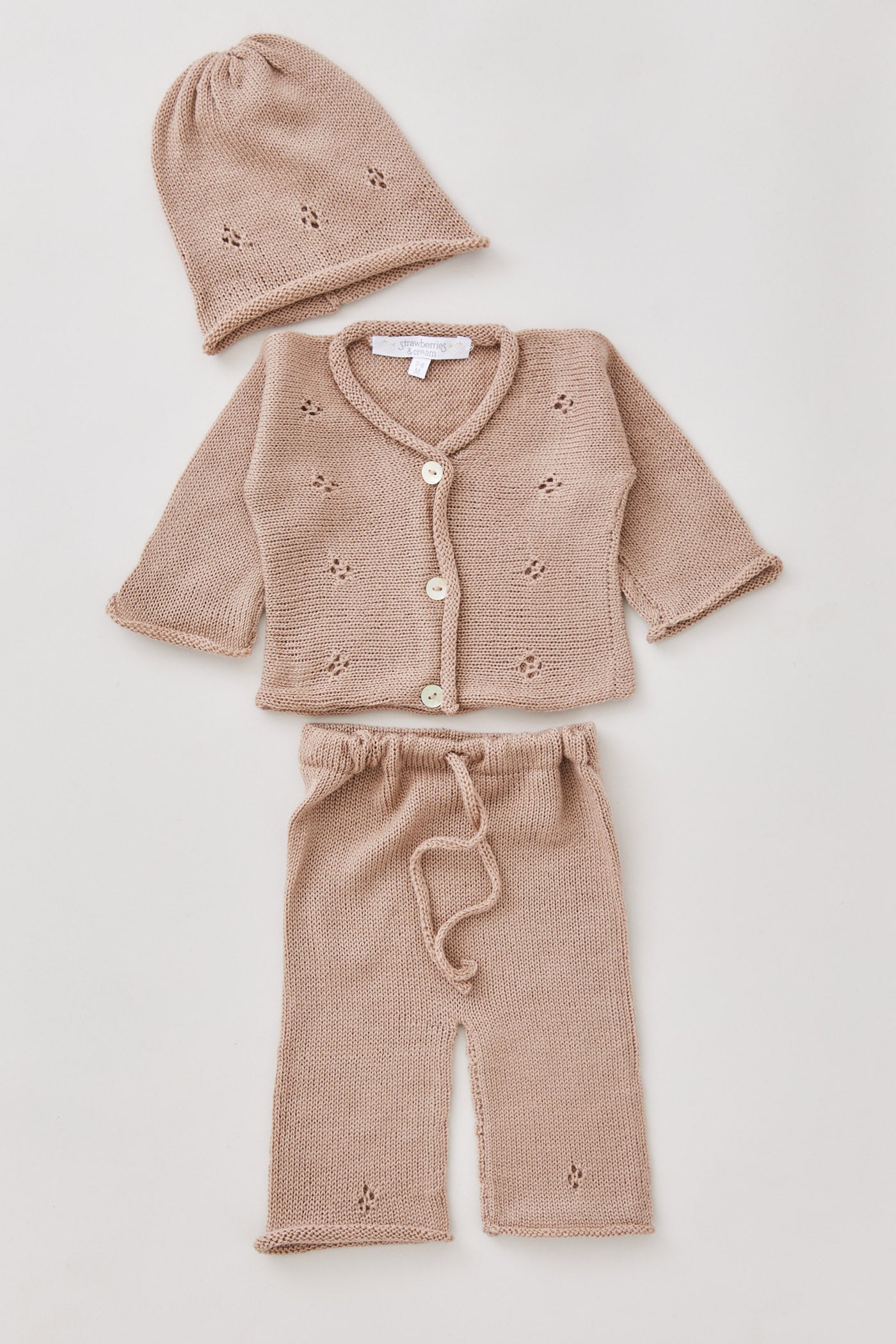 Merino Cardigan and Hat Set With Leggings in Taupe - Designed by Ingrid Lewis - Strawberries & Cream