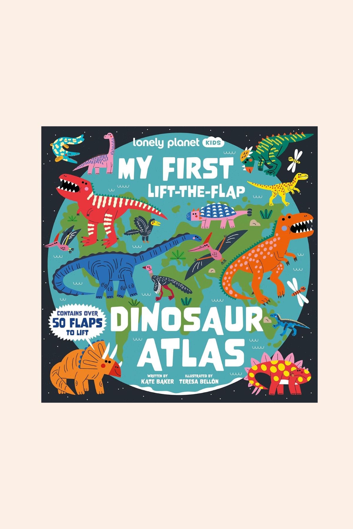 My First - Lift the flap - Dinosaur Atlas - Strawberries & Cream - Ingrid Lewis Designer
Children's book cover titled 'My First Lift-the-Flap Dinosaur Atlas' with colorful dinosaur illustrations on a blue background.