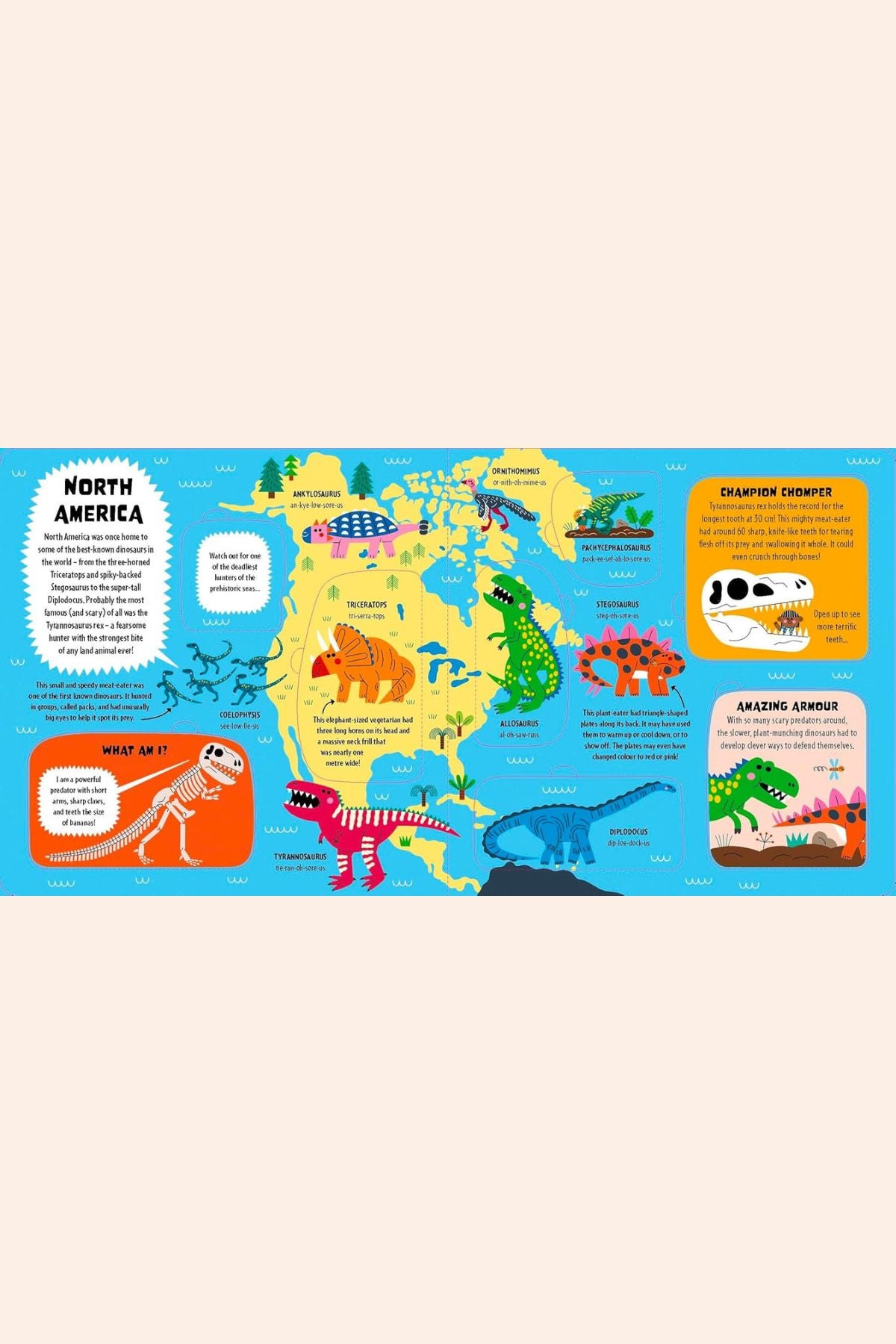 My First - Lift the flap - Dinosaur Atlas - Strawberries & Cream - Ingrid Lewis Designer
Colourful map of North America with dinosaur illustrations on a white background