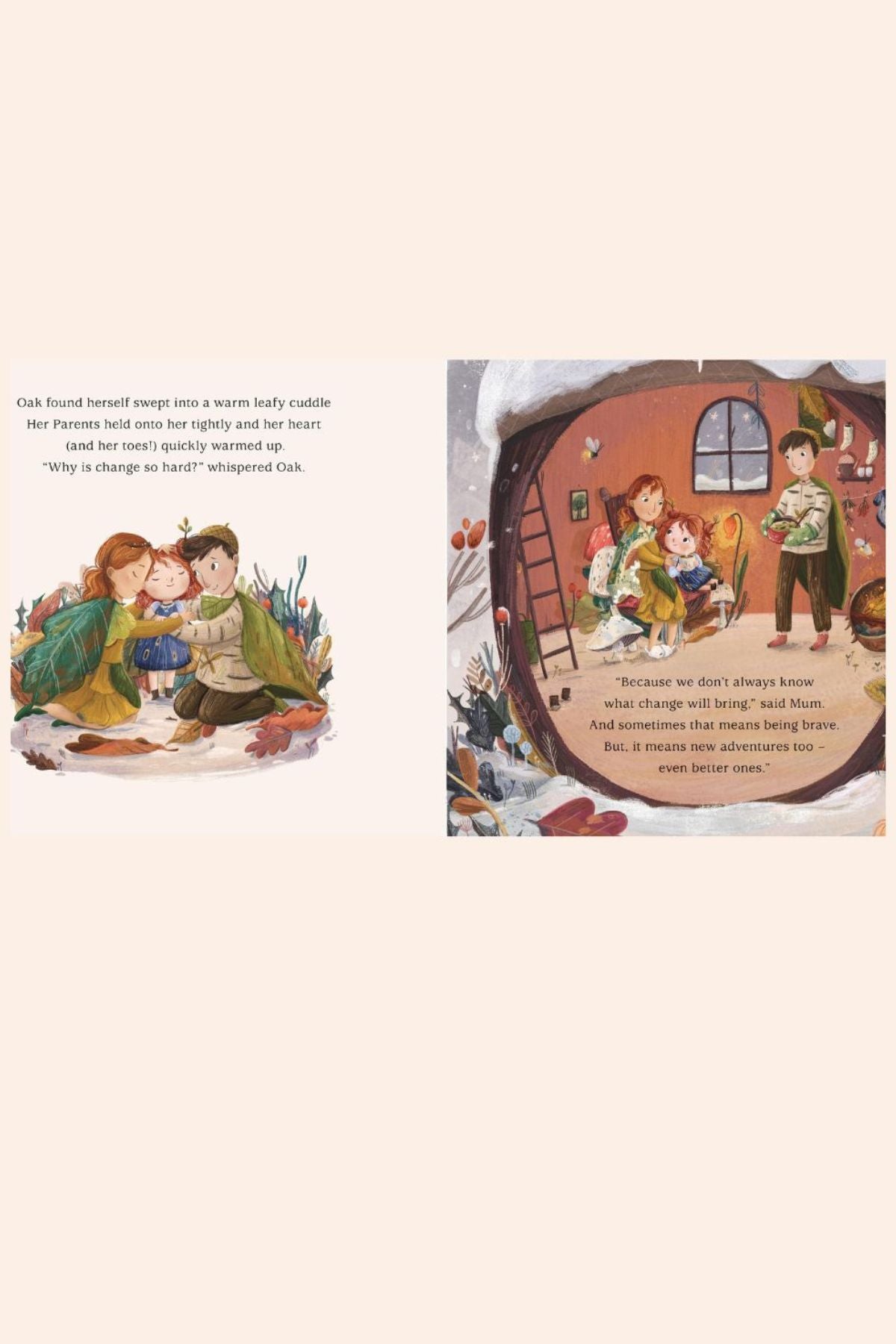 Oak The Littlest Leaf Girl - PB - Strawberries & Cream - Ingrid Lewis - Designer
Illustrated book page with characters and a house.