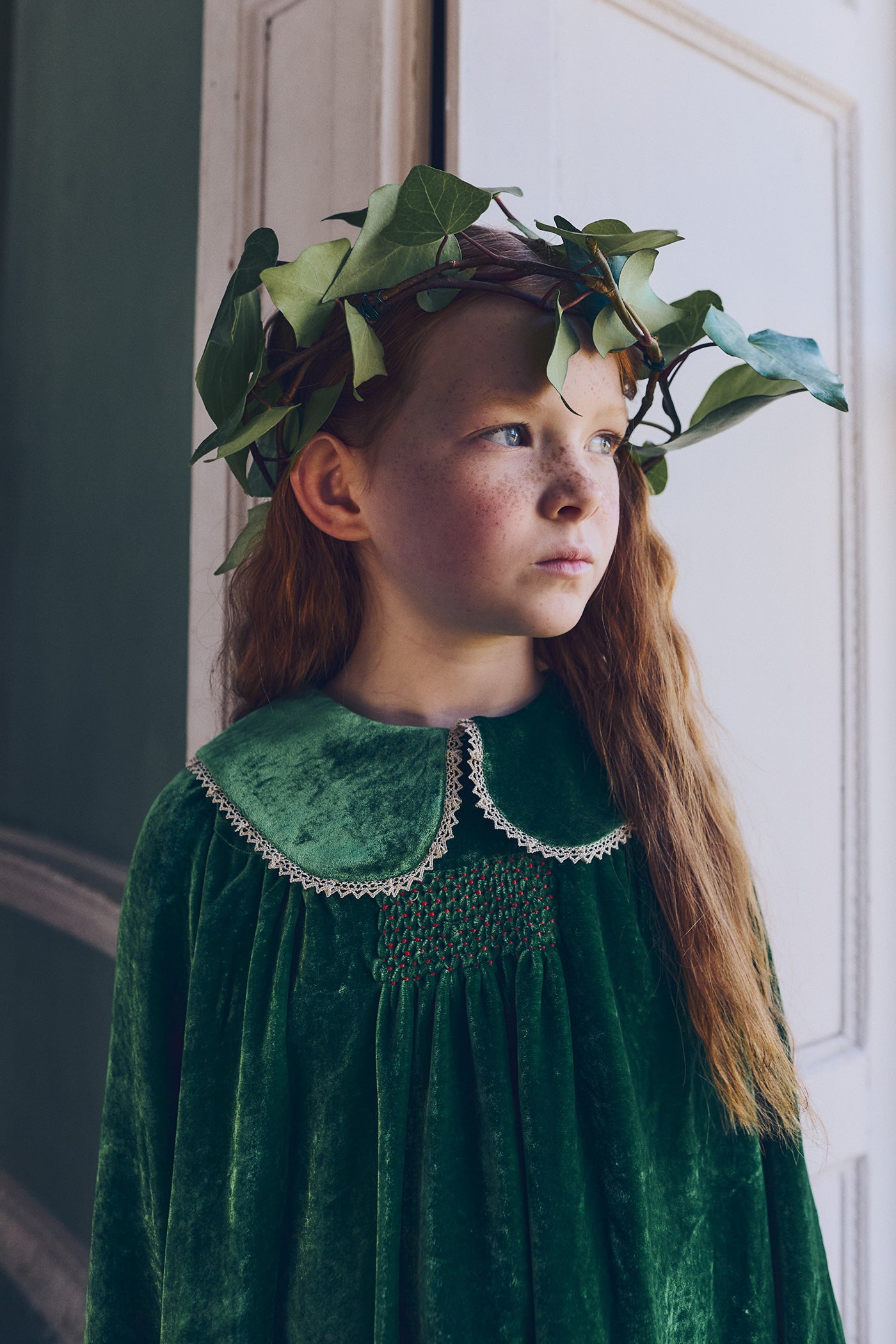 Popcorn Dress in Emerald Green Velvet - Designed by Ingrid Lewis - Strawberries & Cream