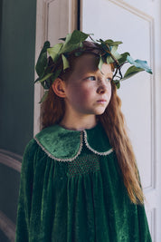 Popcorn Dress in Emerald Green Velvet - Designed by Ingrid Lewis - Strawberries & Cream