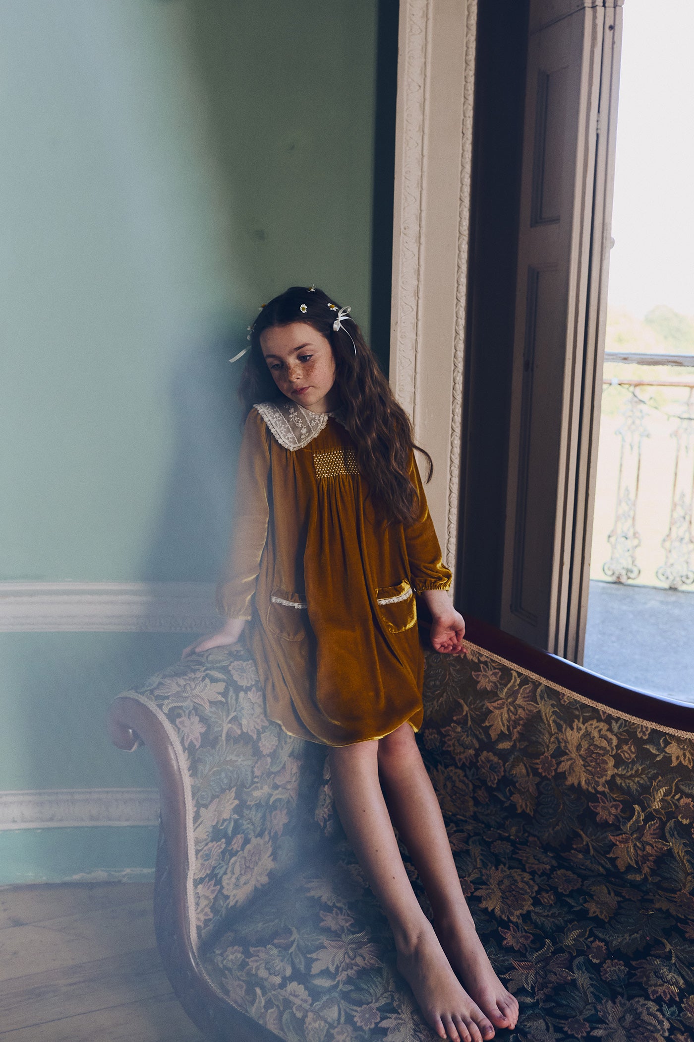 Popcorn Dress in Mustard Velvet - Designed by Ingrid Lewis - Strawberries & Cream