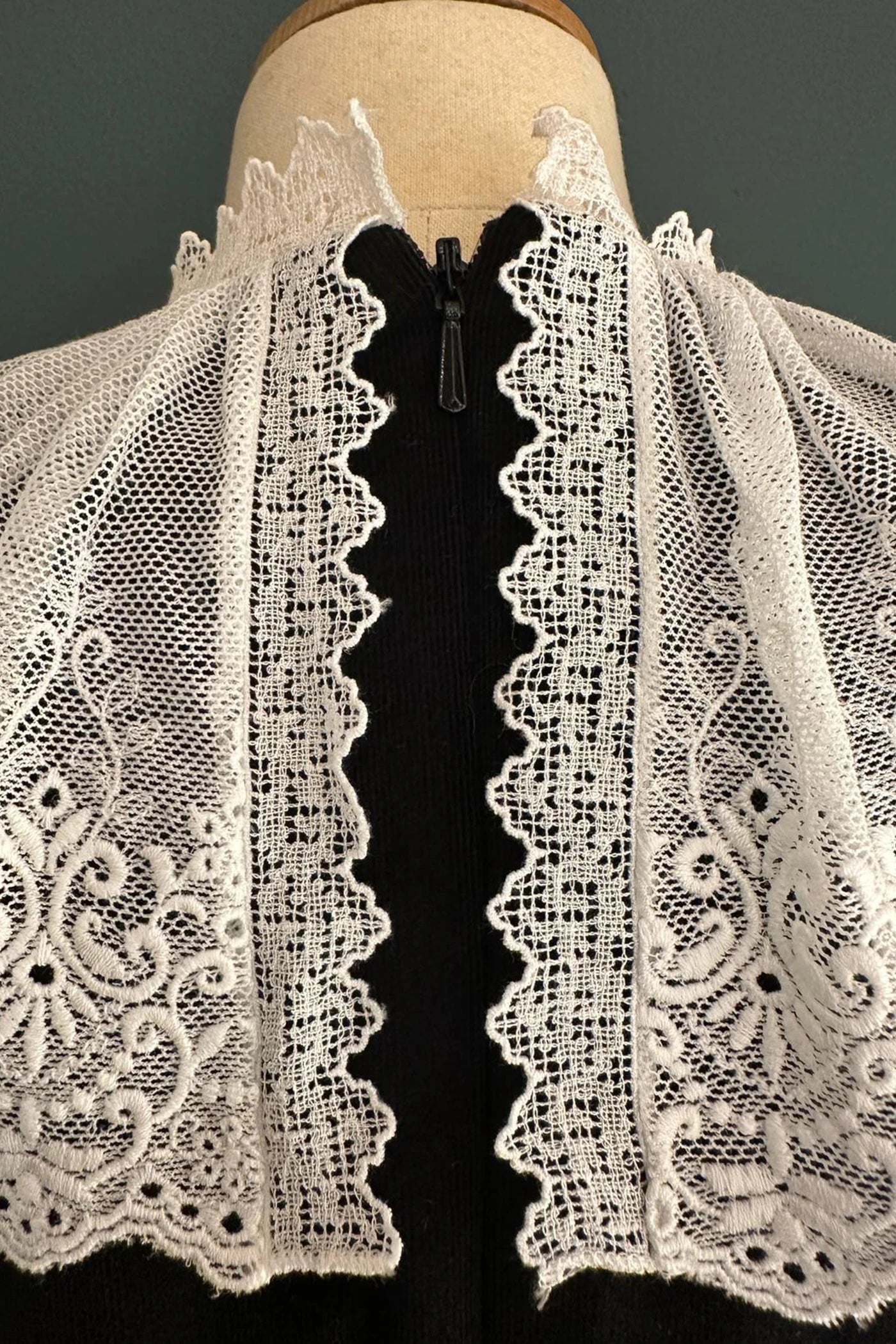 Queen Dress Black Babycord with Victorian Lace Collar - Designed by Ingrid Lewis - Strawberries and Cream