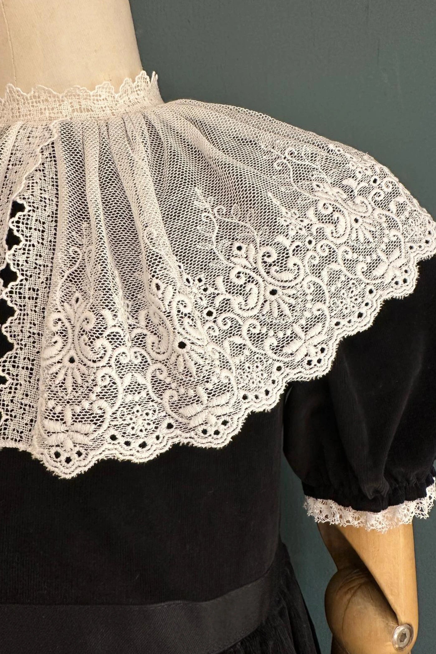 Queen Dress Black Babycord with Victorian Lace Collar - Designed by Ingrid Lewis - Strawberries and Cream