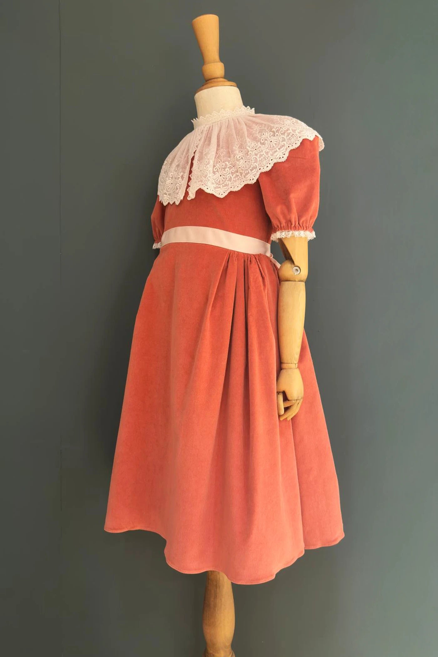 Queen Dress Pink Babycord with Victorian Lace Collar - Designed by Ingrid Lewis - Strawberries and Cream