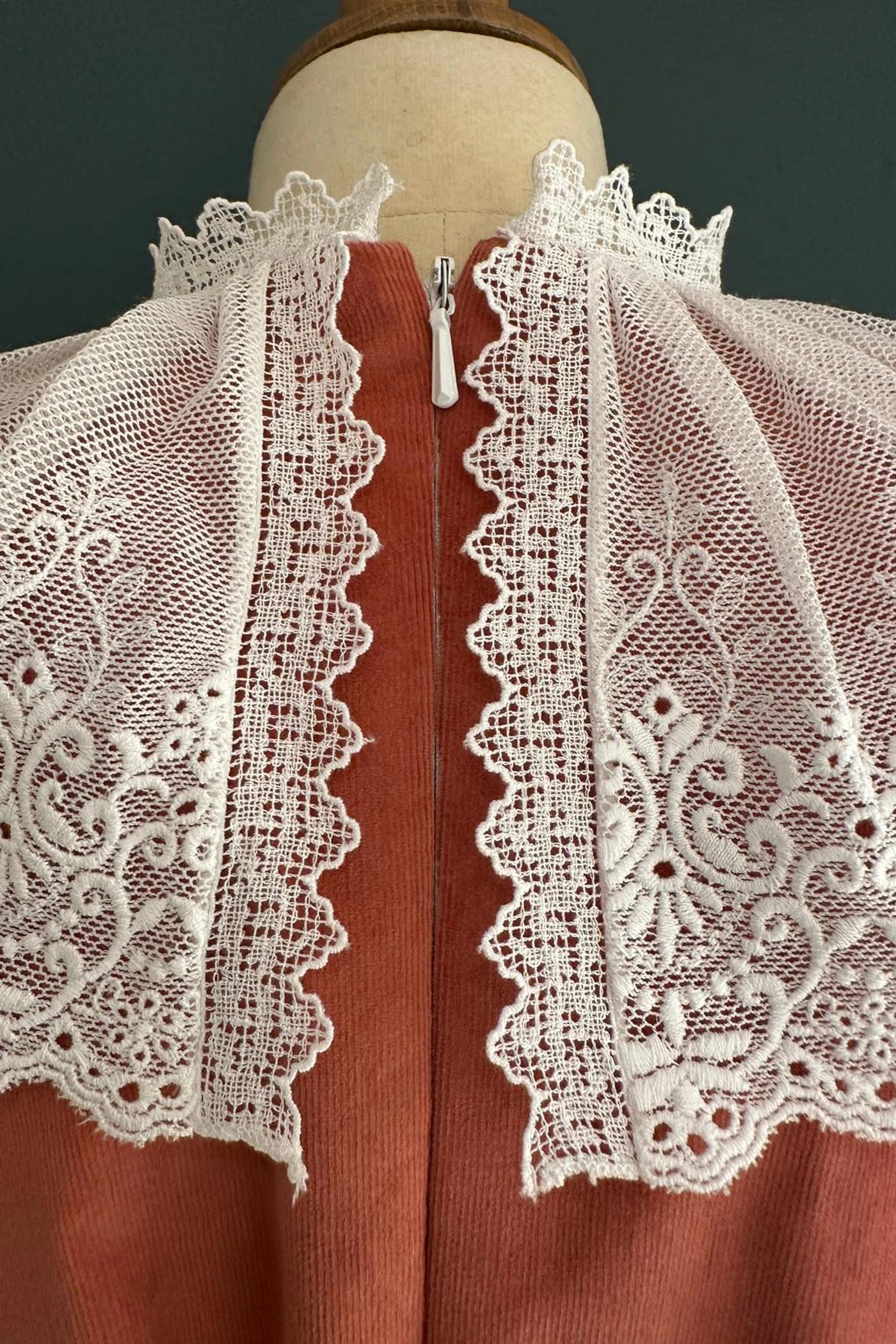 Queen Dress Pink Babycord with Victorian Lace Collar - Designed by Ingrid Lewis - Strawberries and Cream