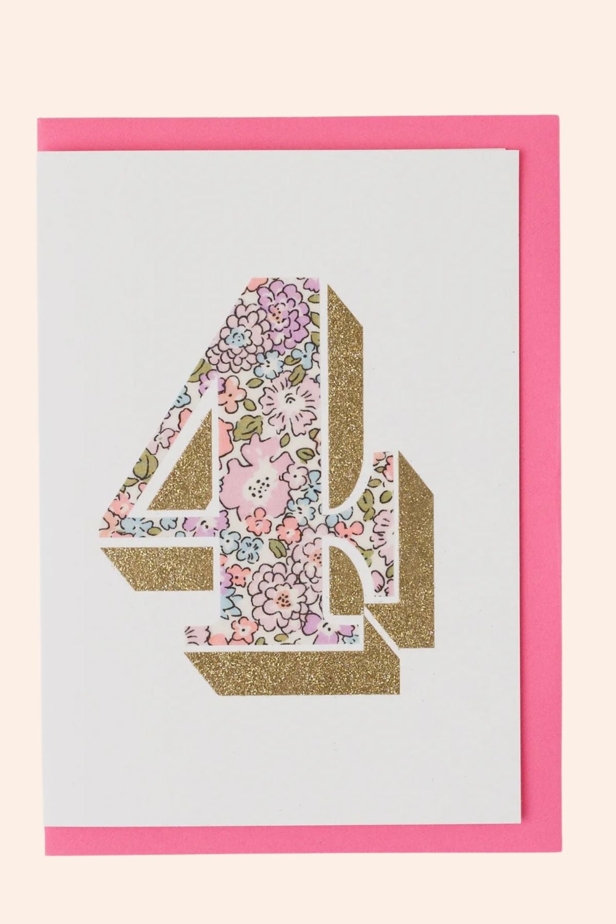 Card with floral and glittery number '4' design on a light blue background with a pink border.