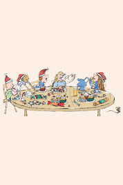 The Night Before Christmas -  Lift The Flap/ Pop Up - Strawberries & Cream - Ingrid Lewis - Designer
Illustration of a group of people sitting around a table with festive decorations on a beige background