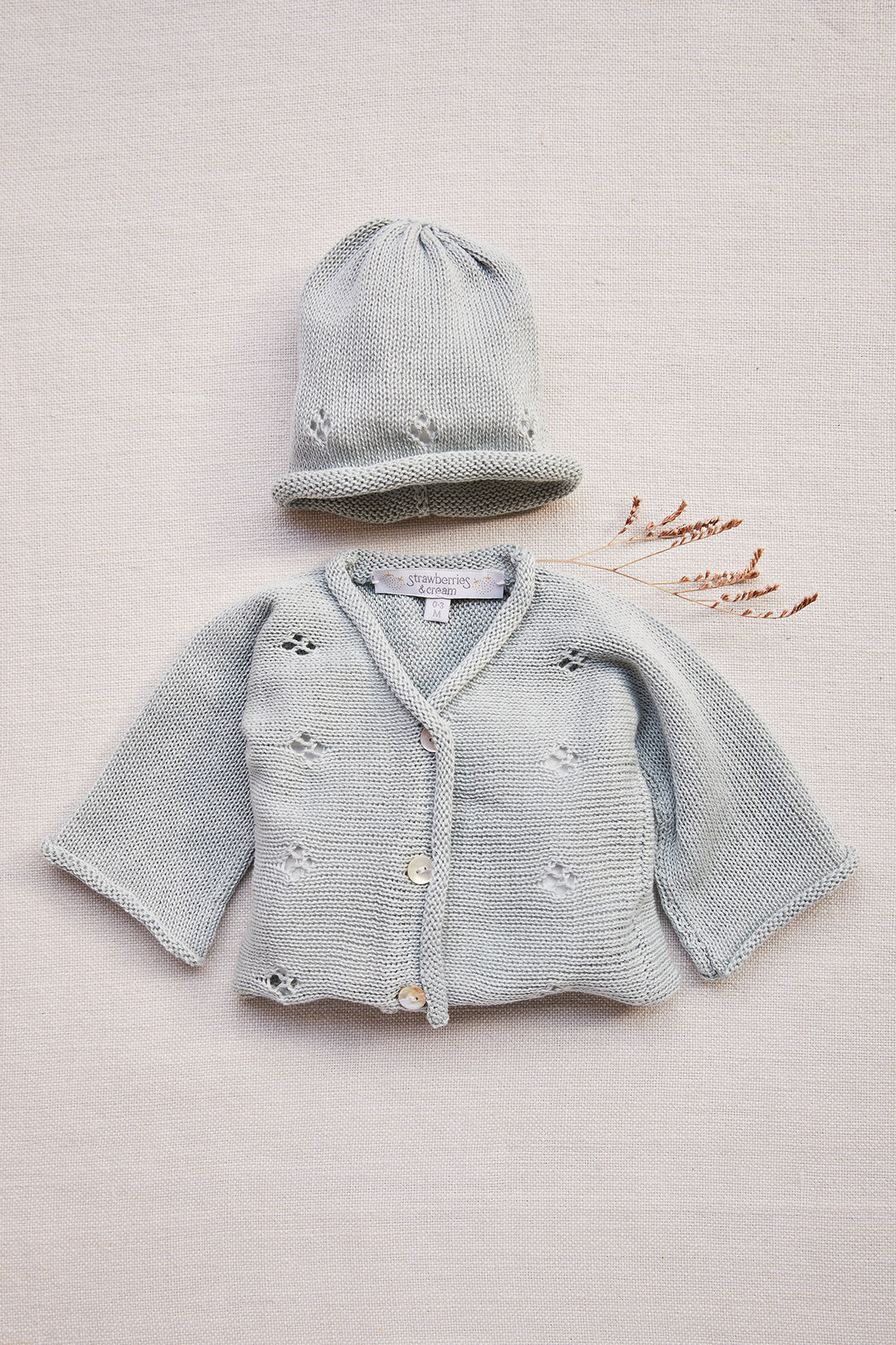 Cotton Cardigan and Hat Set in Blue Green