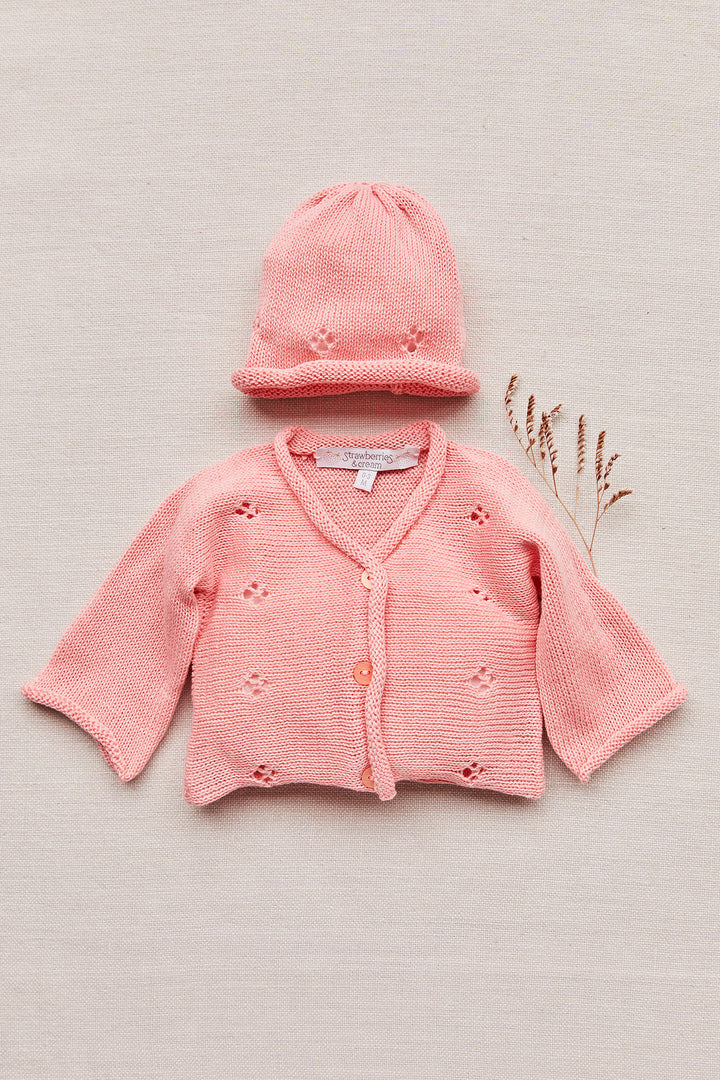 Cotton Cardigan and Hat Set in Peach 