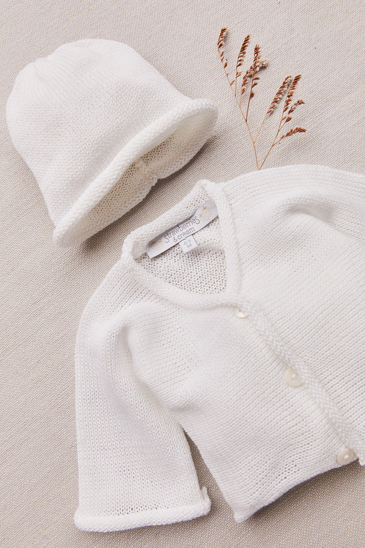 Cotton Cardigan and Hat Set in White