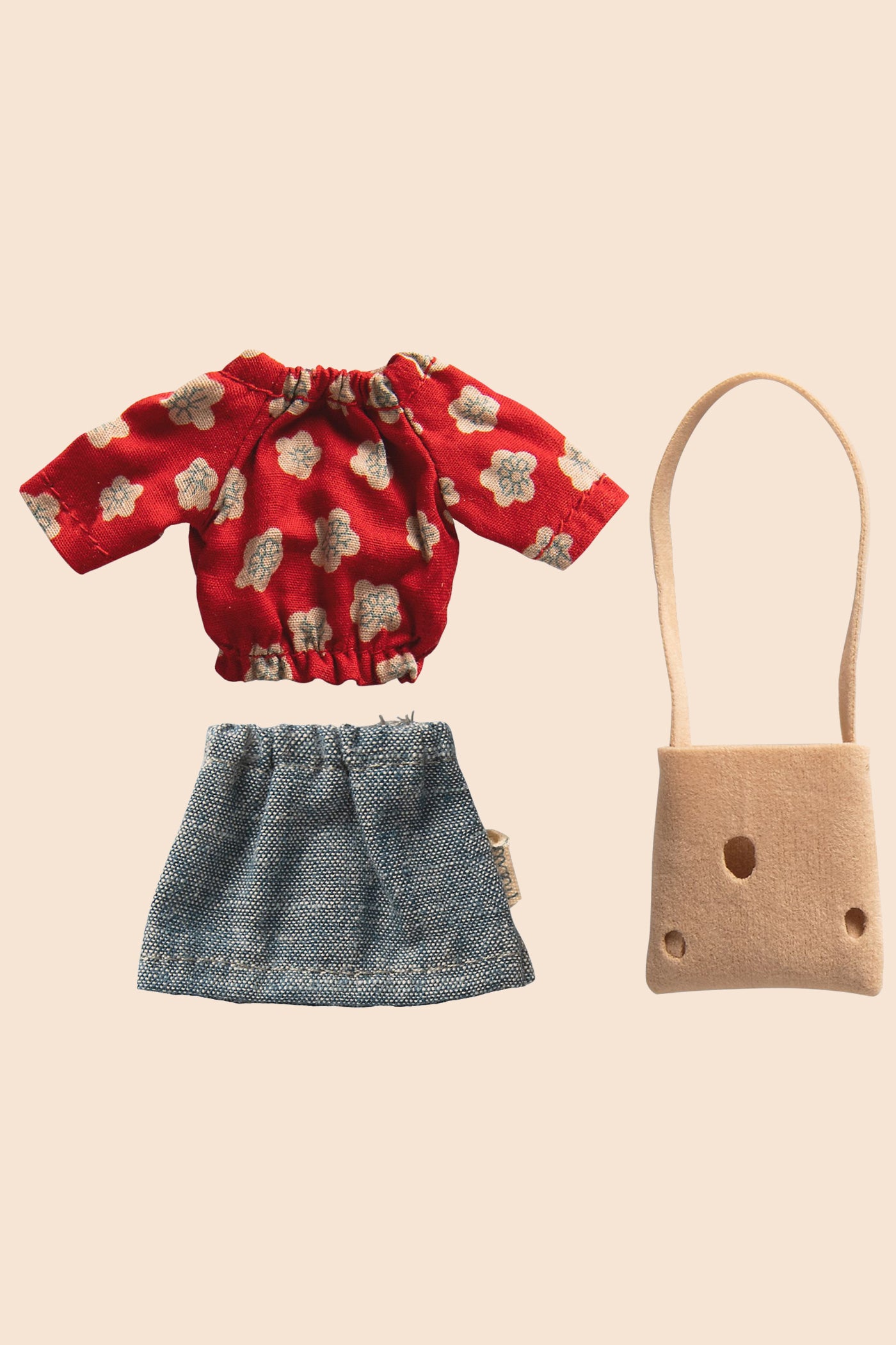 Maileg Mum Clothes for Mouse - Red flowery top, denim skirt and beige handbag
