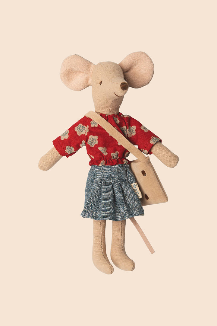 Maileg Mum Clothes for Mouse - Red flowery top, denim skirt and beige handbag